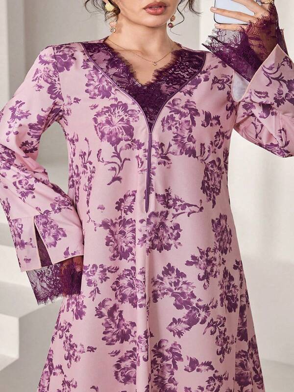 SHEIN Najma Elegant Plus Size Women's Arabian Dress With Lace Neckline And Cuffs, Purple Floral Design, Casual