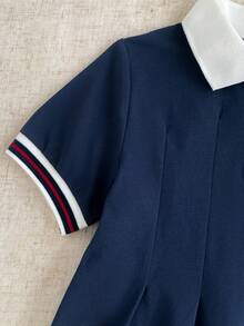 SHEIN Girls' Summer Versatile Cute Simple Ribbed Collar Ribbed Cuffs White Embroidered Pattern Pleated Dress - Navy Blue - View 9