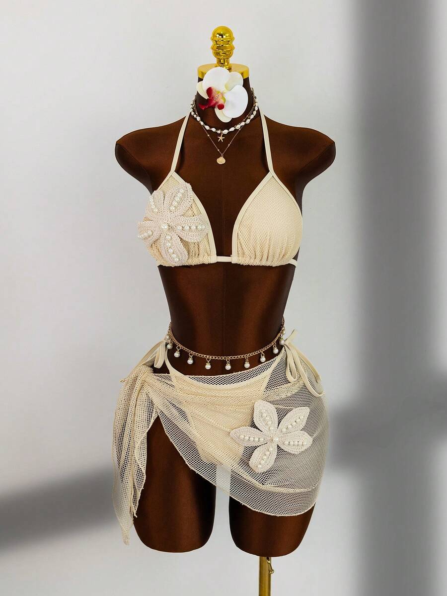 Zestiva Women's Summer Gentle Beige Apricot Mesh Pearl 3D Floral Bikini & Sheer Cover-Up Set, Minimalist Sexy Style, Vacation Vibe, Beach, Hot Spring, Swimwear Set - Apricot - View 1
