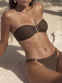 Swim Chiccia Bộ đồ bơi bikini 2 mảnh không dây màu trơn trang trí kim loại cho nữ mùa xuân, trang phục đi biển mùa hè tối giản - màu nâu - Xem 3