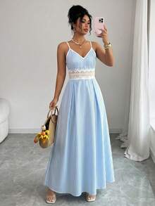 Elenzga Blue And White Stripe Pattern Spaghetti Strap V-Neck Waist Lace Decoration Dress Vacation Summer Tropical - Blue - View 3