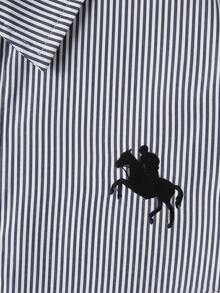 青少年女孩 Polo 領條紋短袖中長洋裝，適合青少年女孩穿著，適用於學校、戶外活動、購物，鈕扣洋裝 - 藍白色 - 查看 5