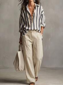 Levarali Women's Solid Color Textured Vacation Fashion Loose Casual Long Pants Beige Autumn - White - View 6