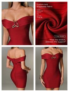Nuvra Sexy & Elegant Off Shoulder Red Metal Decor Bodycon Mini Dress - Burgundy - View 4