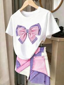 (Patrón aleatorio, 1 set aleatorio) Camiseta corta básica y shorts para niñas con patrón floral colorido, base beige y patchwork de lazos en morado y rosa - Multicolor - Ver 5