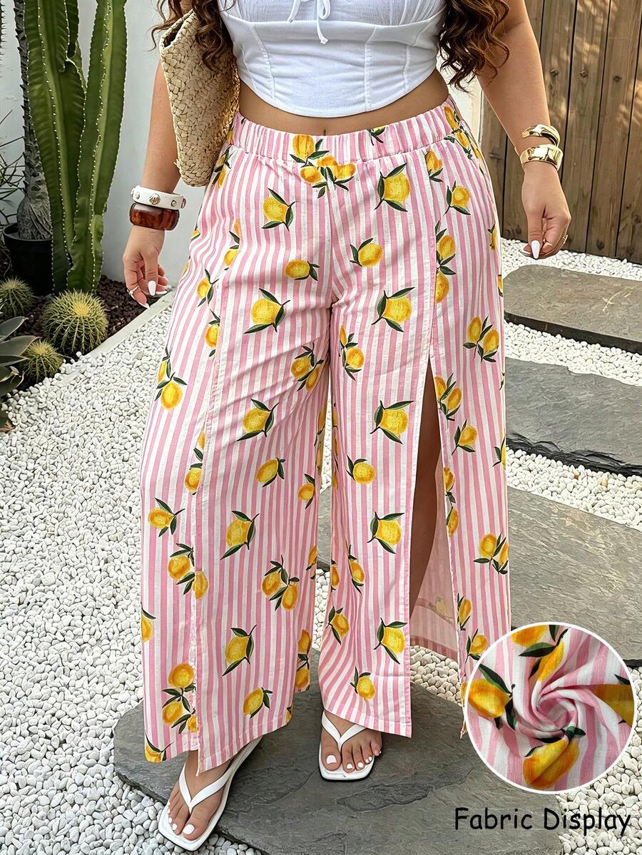 SHEIN LUNE CURVE Calça Plus Size Casual de Férias com Estampa de Limão Listrada e Fenda Alta para o Outono - Rosa chiclete - Visão 1