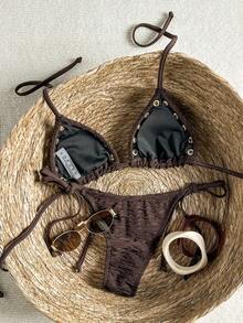 Swim Vcay Women's Spring/Summer Jacquard Fabric Halter Bikini Set - Brown - View 3
