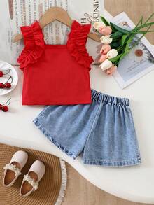 Young Girl Sweet Cherry Embroidery Flutter Sleeve Tank Top & Denim Shorts 2 Pieces Set Back To School Clothes Girls Fall Clothes Holiday Outfits - Red - View 2