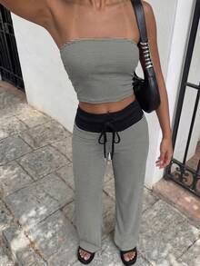 Flirla Women's Set Bandeau Top Casual Streetwear Long Pants Tie Bow Knit Black And White Striped Travel Summer Brunch - Black - View 6