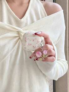 Dainty Pink Rose Floral Earphone Case With Tulip Pendant, Coquette Cover For Gen 1/2/3/4 & Pro Series - Multicolor - View 2