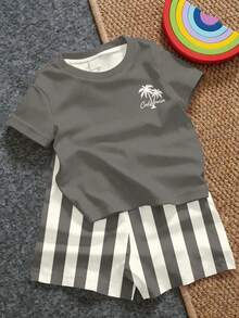 Young Boy Casual Minimalist T-Shirt Set, Classic Cool Striped Pattern Print, Classic Palm Tree Pattern Print, Classic Vacation City California Text Pattern Print, Suitable For Vacation, Suitable For Beach, Suitable For Spring And Summer - Multicolor - View 4