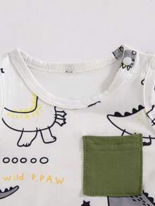SHEIN Playful Pals Conjunto de 2 piezas para bebé recién nacido niño, top sin mangas con estampado de dinosaurio y diseño de bolsillo falso, y pantalones cortos con estampado de dinosaurio, estilo casual, sencillo y lindo, adecuado para primavera/verano, salidas, vacaciones en la playa, conjunto de moda y lindo para bebé niño - Verde militar - Ver 5