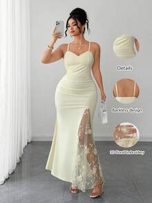 SHEIN Clasi Vestido largo maxi elegante de estilo francés para mujer, ajustado al Body, con bordado floral 3D, patchwork de malla, abertura y cola de sirena, con tirantes, talla grande - amarillo ganso - Ver 1