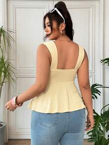 SHEIN EZwear Plus Size Women's Solid Color Butter Yellow Ruched Bust Bow Tie Decor Wide Shoulder Strap V-Neck Cami Top Vacation Summer Cute - Apricot - View 2