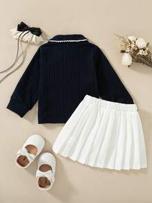 Souflis Souflis Baby Girl Preppy Cute Cow Girl Casual Old Money 2 Pieces Set, Small Cable Knit Collared Polo Cardigan + Pleated Skirt, 6M-3T Navy Blue White - Multicolor - View 6