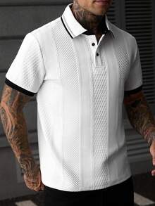 EGENSIO Men's Textured Colorblock Button Collar Fashion Polo Shirt - White - View 5