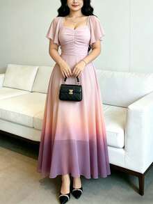 Modelyn Gaun Ukuran Besar Motif Gradien Ombre, Gaun Maxi Wanita Modis dengan Leher Persegi dan Lengan Bergelombang, Gaun Panjang Elegan dengan Pinggang Ramping untuk Musim Panas, Cocok untuk Liburan dan Pemakaian Sehari-hari - MultiWarna - View 3