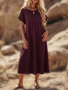 EMERY ROSE Vestido sin mangas de unicolor con encaje calado para mujer de talla grande - Rojo violeta - Ver 4