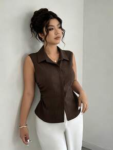 SHEIN LUNE CURVE Women's Plus Size Summer 1pc Lapel Sleeveless Cinched Waist Asymmetrical Hem Slimming Commute Elegant Denim Effect Sleeveless Shirt - Brown - View 3