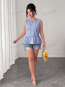 SHEIN Clasi 春夏清新格紋百搭無袖大尺碼女款上衣 - 藍色 - 查看 3