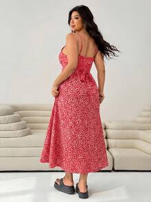 SHEIN EZwear Plus Size Women's Brown Ditsy Floral Cami Dress Gym - Red - View 2