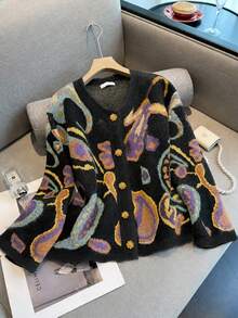 EMERY ROSE 2025 Plus Size Women's Fashionable Casual Minimalist Versatile Multi-Colour Fair Isle Pattern Gemstone Floral Button Small Round Neck Knitted Cardigan - Black - View 7