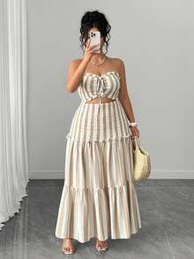 Elenzga 大尺碼優雅藍白條紋抹胸貼身洋裝 - 卡其色 - 查看 6