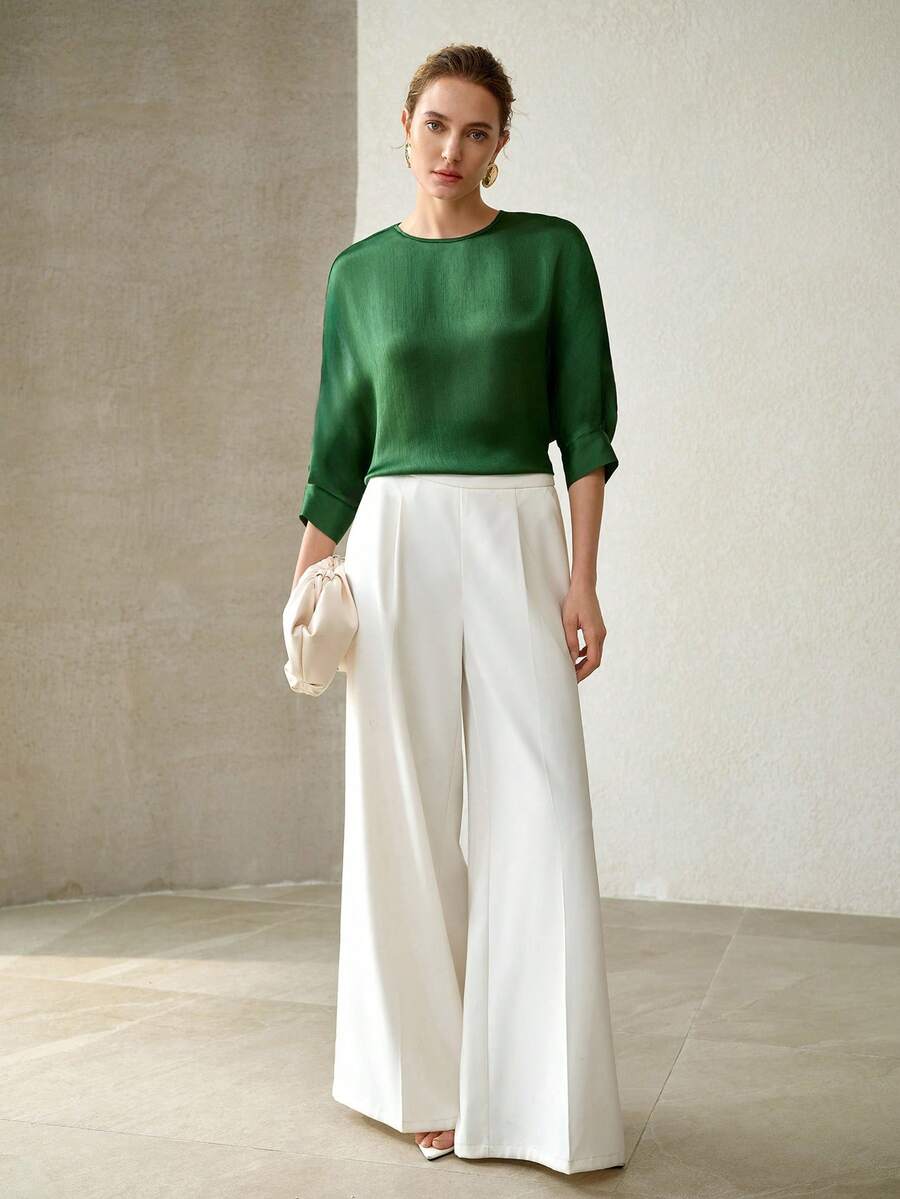 MOTF PREMIUM WOMEN'S SOLID FOLD PLEATED SLEEVE ROUND NECK BLOUSE - Dark Green - View 2
