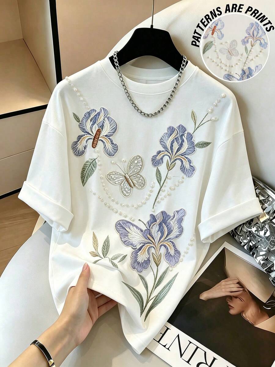 GlowEve 女款圓領仿珍珠裝飾花卉蝴蝶刺繡圖案休閒百搭日常出遊T恤 - 白色 - 查看 1