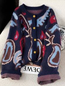EMERY ROSE Plus-Size Fair Isle Knit Cardigan With Floral & Gemstone Pattern, Button-Front, Round Neck. Casual, - Blue - View 1