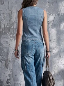 Balvessa Women's V-Neck Single-Breasted Casual Daily Denim Top - Medium Wash - View 2