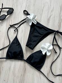 Bonvoyette Springbreak Women's New Summer Textured Fabric Solid Color Scalloped Edge Shoulder Strap Backless Triangle Bikini Set With Side Straps For Beach Vacation - Black and White - View 5