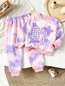 SHEIN 春秋冬女童粉紫色紮染圓領套裝，時尚星星數字「6 7」印花長袖衛衣與收口長褲兩件套，舒適可愛休閒運動幼童套裝，Ins韓風嬰兒日常穿搭百搭寬鬆童裝 - 彩色 - 查看 4