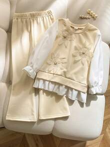 SHEIN Elladie kids 2件組女童藍色條紋蝴蝶結荷葉邊長袖二合一上衣搭配藍色長褲，返校穿搭套裝 - 卡其色 - 查看 1