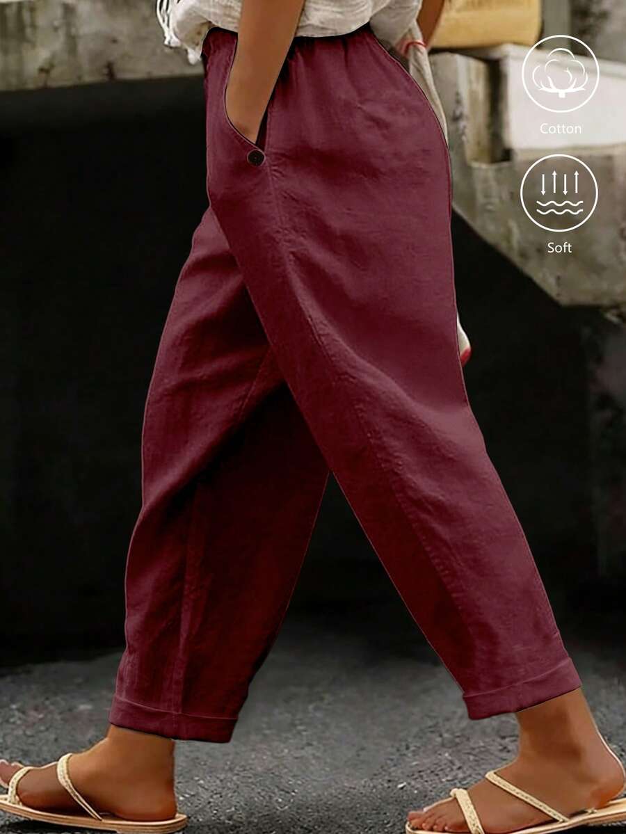EMERY ROSE Plus Size Women's Casual Pure Cotton Solid Color Long Pants With Pockets And Button Closure - Burgundy - View 1