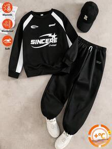 SHEIN 2件組青少年男孩時尚白色運動衫與深綠色長褲套裝，胸前綠色圖案印花，時尚街頭風，柔軟舒適面料，易穿搭，適合春秋季、學校、外出，男孩必備兩件套 - 黑色 - 查看 8