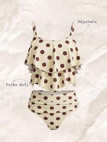 Elavelle Retro Polka Dot Ruffle One-Piece Swimsuit, Cream & Coffee Color, Tummy Control, Conservative Bathing - Multicolor - View 1