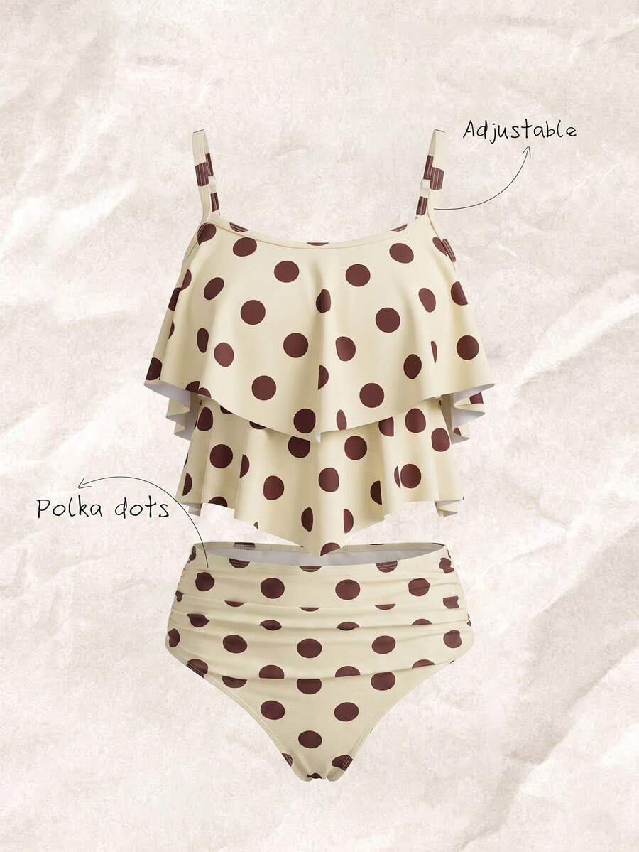 Elavelle Retro Polka Dot Ruffle One-Piece Swimsuit, Cream & Coffee Color, Tummy Control, Conservative Bathing - Multicolor - View 1