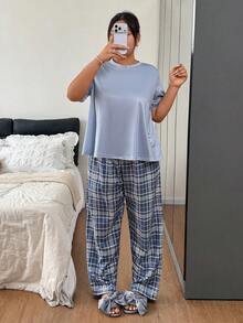 Napfluff CURVE Napfluff CURVE Plus Size Solid Color Patchwork Short Sleeve Top & Puff Wrinkle Plaid Print Long Pants Pajama Set - Multicolor - View 6