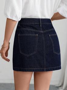 Selianne Falda vaquera bordada elegante y holgada para mujer, estilo casual para ir al trabajo - Negro - Ver 2