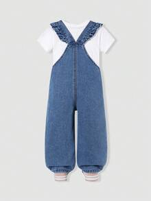 SHEIN ChillGRL Salopette en jean bleu moyen mignonne et décontractée pour filles, toutes saisons, avec broderie de cœurs colorés, bretelles à volants, pantalon long ample à jambes larges, tissu en pur coton confortable, polyvalente pour le port quotidien, l'école et les fêtes - Jean clair - Voir 2