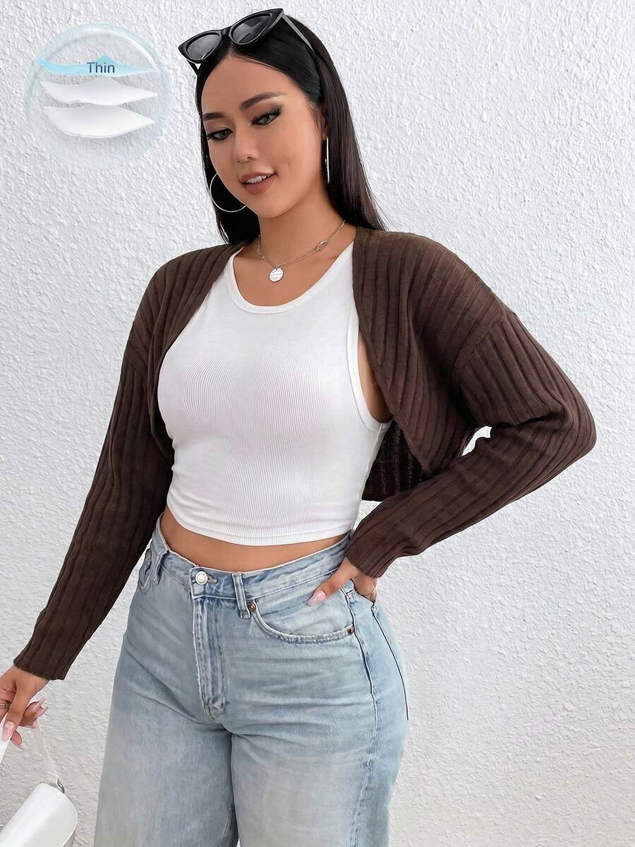 SHEIN EZwear Chocolate Brown Plus Size Lightweight Jacket Fall - Chocolate Brown - View 1