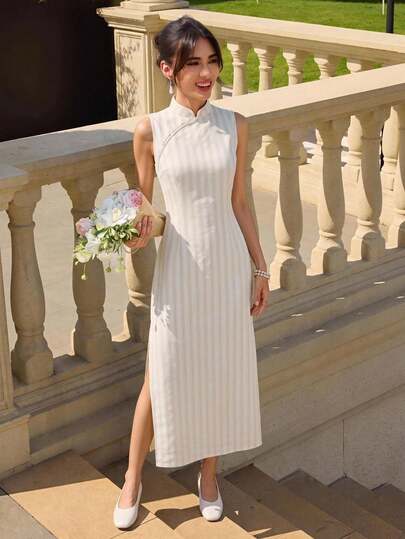 EastFlair Women's White Side Slit Hem Elegant Cheongsam Dress Graduation Summer