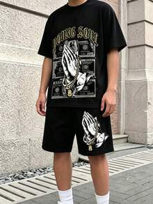 男童夏季新款字母印花對比色拼接設計背印短袖T恤與短褲休閒運動兩件套 - 黑色 - 查看 4
