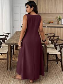 EMERY ROSE Plus Size Notched Neck Solid Color Casual Versatile Sleeveless Dress - Maroon - View 2