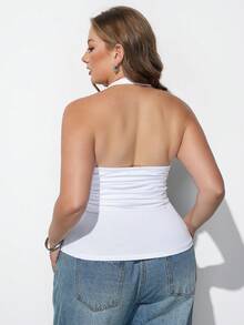 Maija Plus Size White Spaghetti Strap Round Neck Padded Bust Fitted Ruched Tank TopModern Vacation Casual Premium Cruise Wear Summer Autumn Outfit Halloween - White - View 4