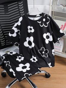 SHEIN 兒童 2件組 青少年男孩休閒街頭風 全身印花圖案套頭T恤與短褲套裝，適合學校、花園、海灘、生日，春夏季穿著 - 黑與白 - 查看 4