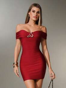 Nuvra Sexy & Elegant Off Shoulder Red Metal Decor Bodycon Mini Dress - Burgundy - View 5