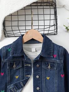 SHEIN 女童牛仔夾克，彩色愛心刺繡可愛休閒長袖單排扣牛仔上衣，經典深藍色水洗牛仔色，百搭日常女童牛仔夾克，適合兒童日常穿著、派對和拍照 - 深色水洗藍 - 查看 5