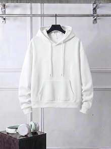 Chillumni Sudadera con capucha casual de manga larga y hombros caídos de unicolor para hombre, otoño - Blanco - Ver 2